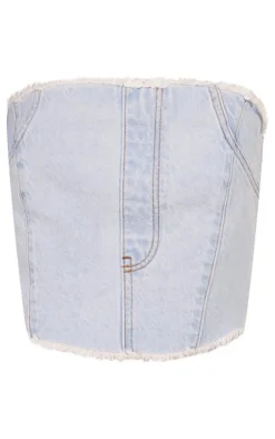 Hot PrettyLittleThing Seam Front Raw Edge Denim Bandeau Top Light Blue Wash