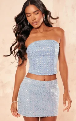 Discount PrettyLittleThing Sequin Denim Mini Skirt Light Blue Wash