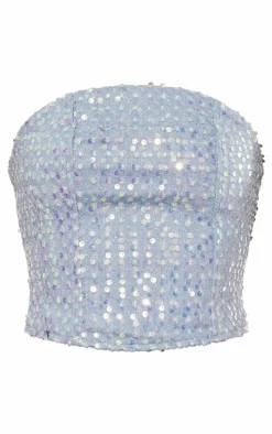 Light Blue Wash Sequin Denim Corset Crop Top