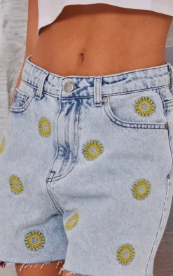 Light Blue Wash Sun Embroidered Denim Mom Shorts