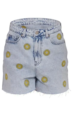 Light Blue Wash Sun Embroidered Denim Mom Shorts