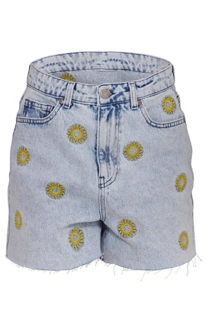 Light Blue Wash Sun Embroidered Denim Mom Shorts