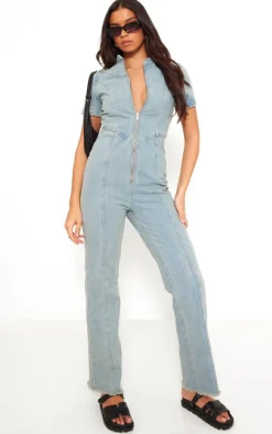 Light Blue Zip Up Racer Style Denim Jumpsuit