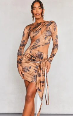 Blurred Rose Print Cut Out Bust Panel Long Sleeve Drape Bodycon Dress-PrettyLittleThing Best