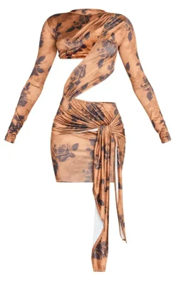 Blurred Rose Print Cut Out Bust Panel Long Sleeve Drape Bodycon Dress-PrettyLittleThing Best