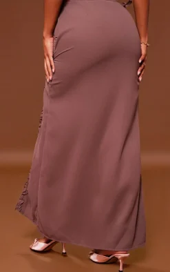 Sale PrettyLittleThing Chiffon Split Hem Maxi Skirt Light Brown