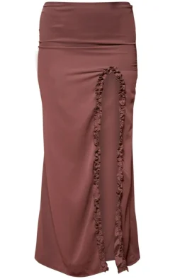 Sale PrettyLittleThing Chiffon Split Hem Maxi Skirt Light Brown