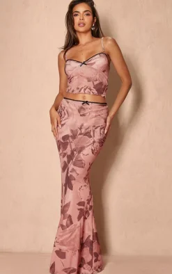 Hot PrettyLittleThing Floral Print Onion Skin Lettuce Hem Low Rise Maxi Skirt Light Brown