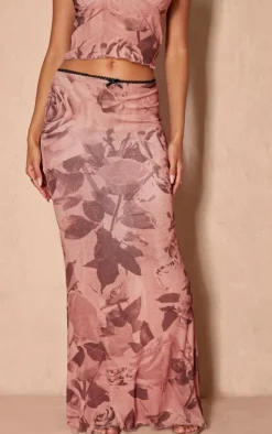 Hot PrettyLittleThing Floral Print Onion Skin Lettuce Hem Low Rise Maxi Skirt Light Brown