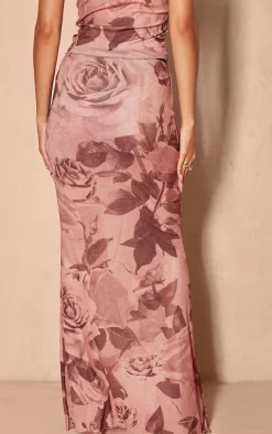 Hot PrettyLittleThing Floral Print Onion Skin Lettuce Hem Low Rise Maxi Skirt Light Brown