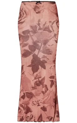 Hot PrettyLittleThing Floral Print Onion Skin Lettuce Hem Low Rise Maxi Skirt Light Brown