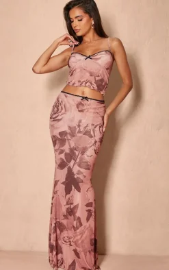 Hot PrettyLittleThing Floral Print Onion Skin Ruched Lettuce Hem Cami Top Light Brown