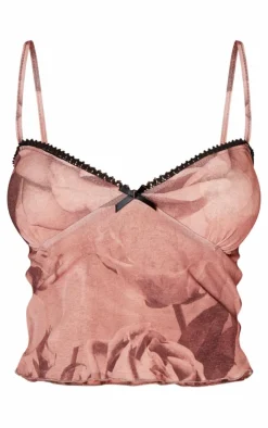 Hot PrettyLittleThing Floral Print Onion Skin Ruched Lettuce Hem Cami Top Light Brown