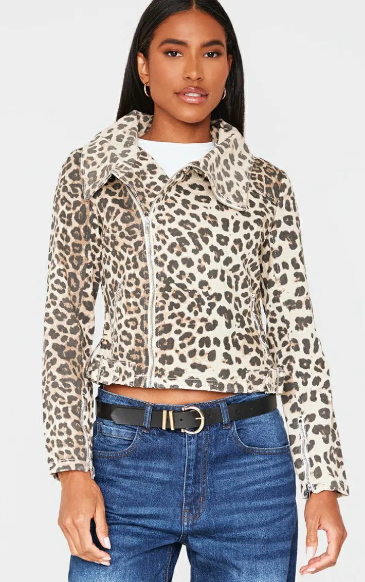 Light Brown Leopard Print Biker Style Denim Jacket