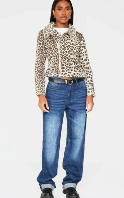 Light Brown Leopard Print Biker Style Denim Jacket