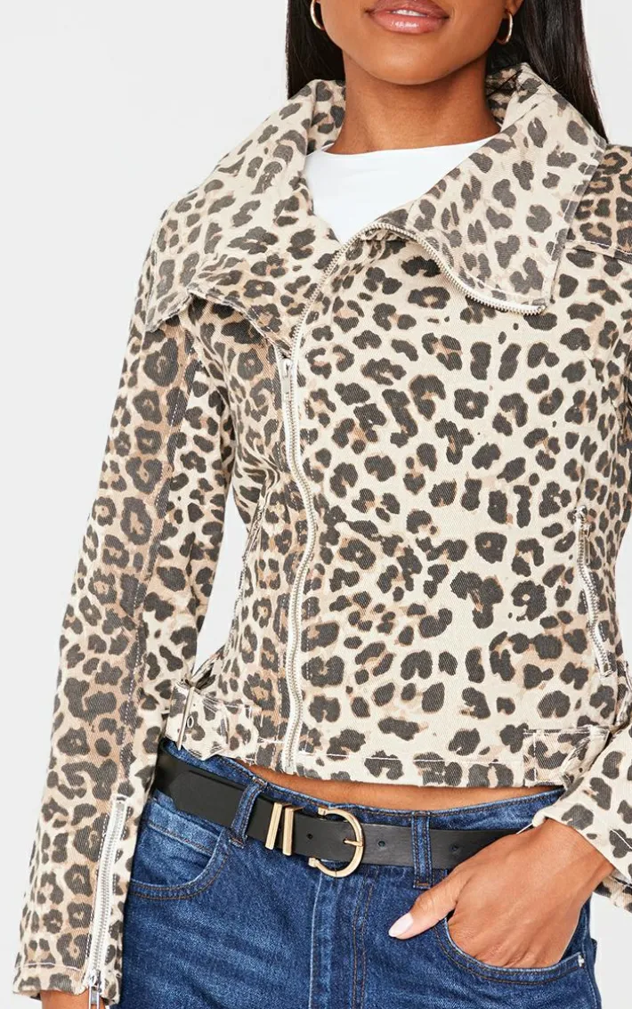 Light Brown Leopard Print Biker Style Denim Jacket
