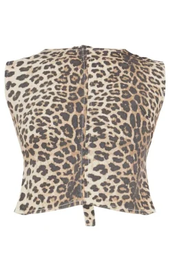 PrettyLittleThing Leopard Print Tie Back Detail Sleeveless Denim Top Light Brown