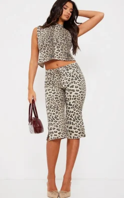 Clearance PrettyLittleThing Leopard Print Denim Capris Light Brown