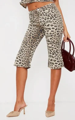 Clearance PrettyLittleThing Leopard Print Denim Capris Light Brown