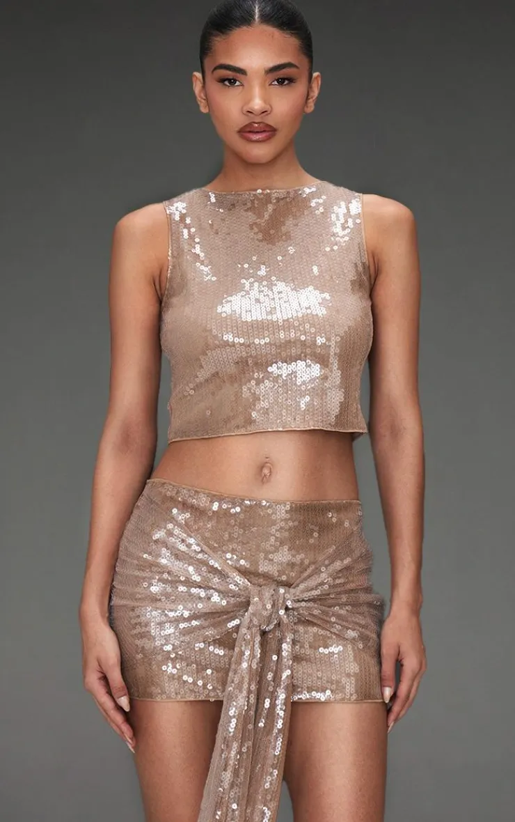 Online PrettyLittleThing Sequin Boatneck Crop Top Light Brown