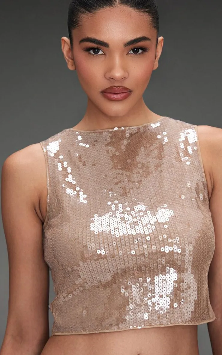 Online PrettyLittleThing Sequin Boatneck Crop Top Light Brown
