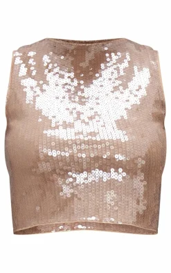 Online PrettyLittleThing Sequin Boatneck Crop Top Light Brown