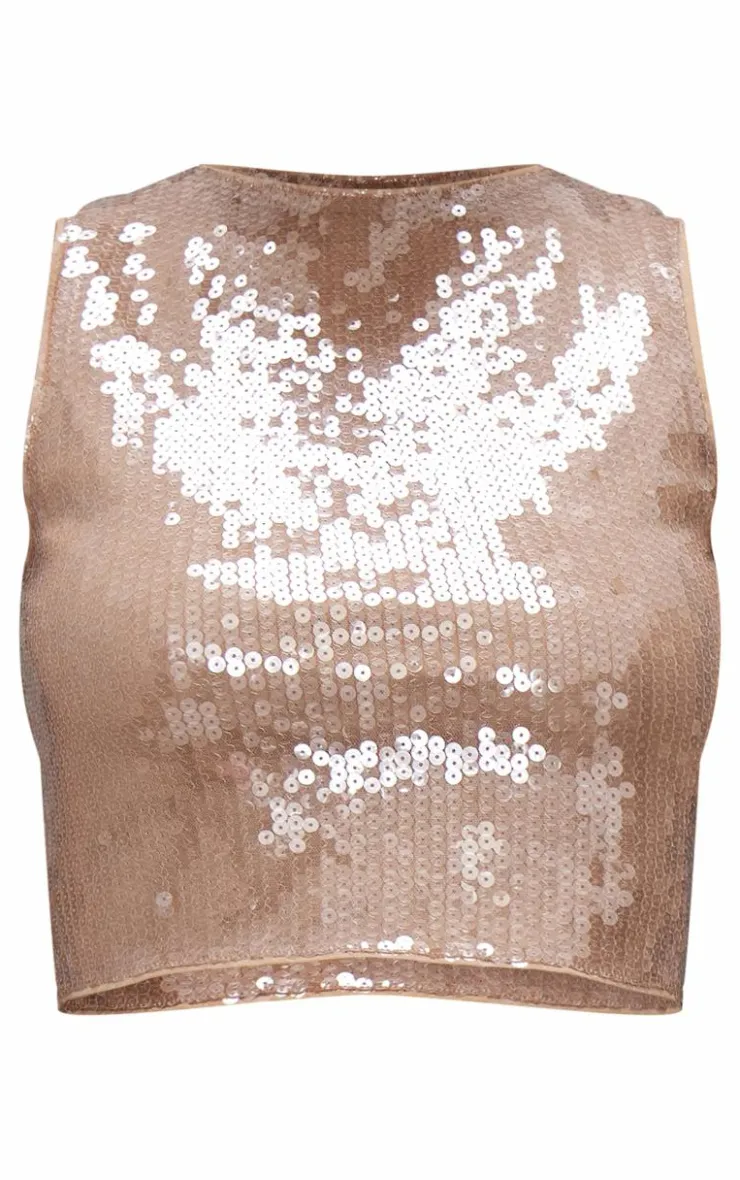 Online PrettyLittleThing Sequin Boatneck Crop Top Light Brown