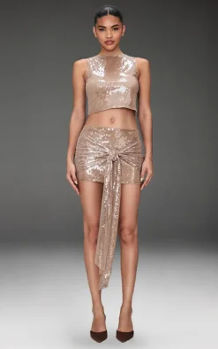 Outlet PrettyLittleThing Sequin Ruched Drape Micro Mini Skirt Light Brown
