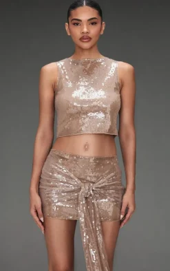 Outlet PrettyLittleThing Sequin Ruched Drape Micro Mini Skirt Light Brown