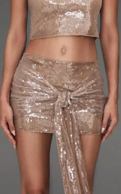 Outlet PrettyLittleThing Sequin Ruched Drape Micro Mini Skirt Light Brown