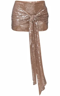Outlet PrettyLittleThing Sequin Ruched Drape Micro Mini Skirt Light Brown