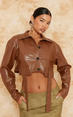 PrettyLittleThing Shirts*Faux Leather Cropped Utility Pocket Button Detail Shirt