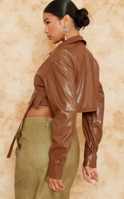 PrettyLittleThing Shirts*Faux Leather Cropped Utility Pocket Button Detail Shirt