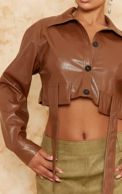 PrettyLittleThing Shirts*Faux Leather Cropped Utility Pocket Button Detail Shirt