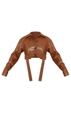 PrettyLittleThing Shirts*Faux Leather Cropped Utility Pocket Button Detail Shirt