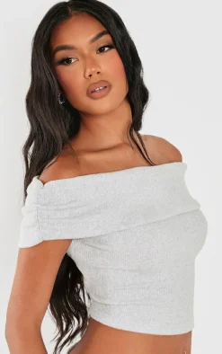 Hot PrettyLittleThing Brushed Rib Off The Shoulder Longline Top Light Grey
