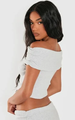 Hot PrettyLittleThing Brushed Rib Off The Shoulder Longline Top Light Grey