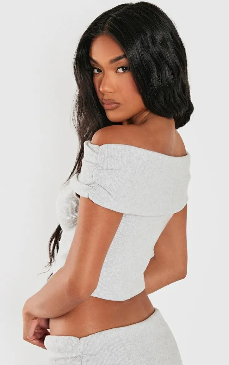 Hot PrettyLittleThing Brushed Rib Off The Shoulder Longline Top Light Grey