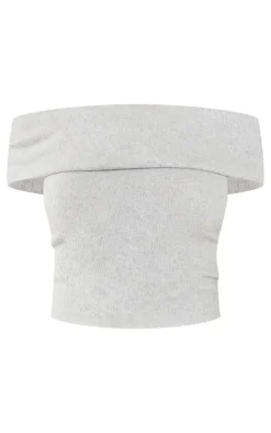 Hot PrettyLittleThing Brushed Rib Off The Shoulder Longline Top Light Grey