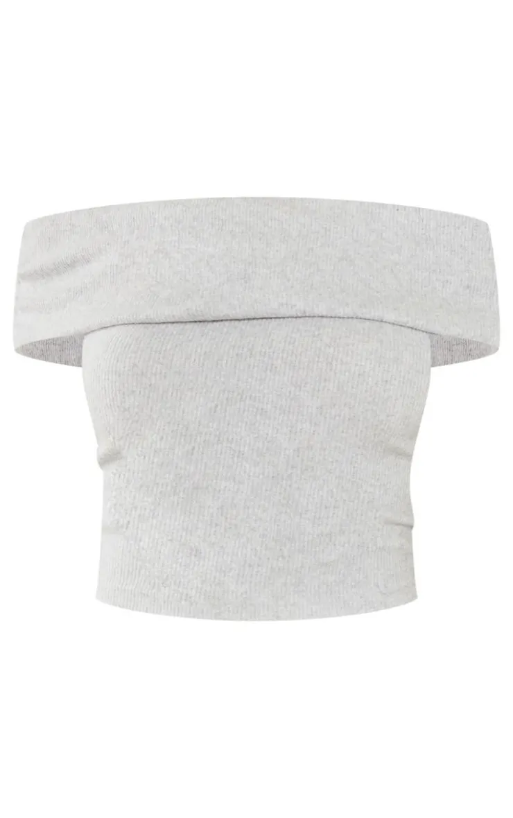 Hot PrettyLittleThing Brushed Rib Off The Shoulder Longline Top Light Grey