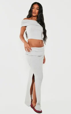 Outlet PrettyLittleThing Brushed Rib Ruched Detail Foldover Maxi Skirt Light Grey