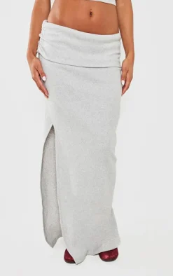 Outlet PrettyLittleThing Brushed Rib Ruched Detail Foldover Maxi Skirt Light Grey