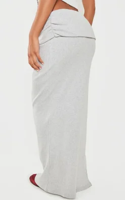 Outlet PrettyLittleThing Brushed Rib Ruched Detail Foldover Maxi Skirt Light Grey