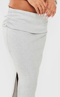 Outlet PrettyLittleThing Brushed Rib Ruched Detail Foldover Maxi Skirt Light Grey