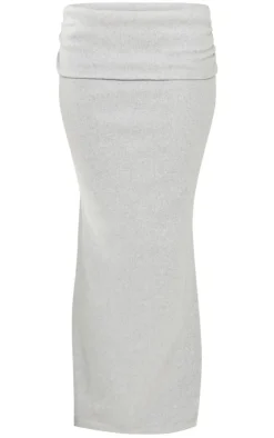 Outlet PrettyLittleThing Brushed Rib Ruched Detail Foldover Maxi Skirt Light Grey