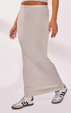 New PrettyLittleThing Floaty Knitted Maxi Skirt Light Grey
