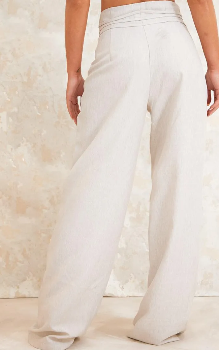 Light Grey Linen Feel Tie Front Straight Leg Pants