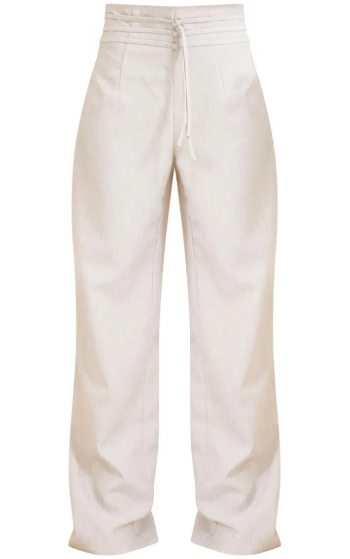 Light Grey Linen Feel Tie Front Straight Leg Pants