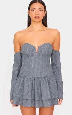 Pinstripe Cup Detail Bardot Shift Dress-PrettyLittleThing Sale