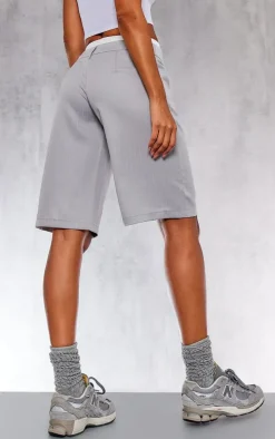 Light Grey Pinstripe Double Waistband Tailored Oversized Jorts